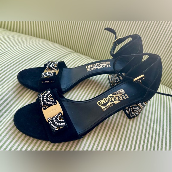 Salvatore Ferragamo Shoes - Salvatore Ferragamo Black Suede Beaded Block Heel Sandals With Ankle Strap. 7.5